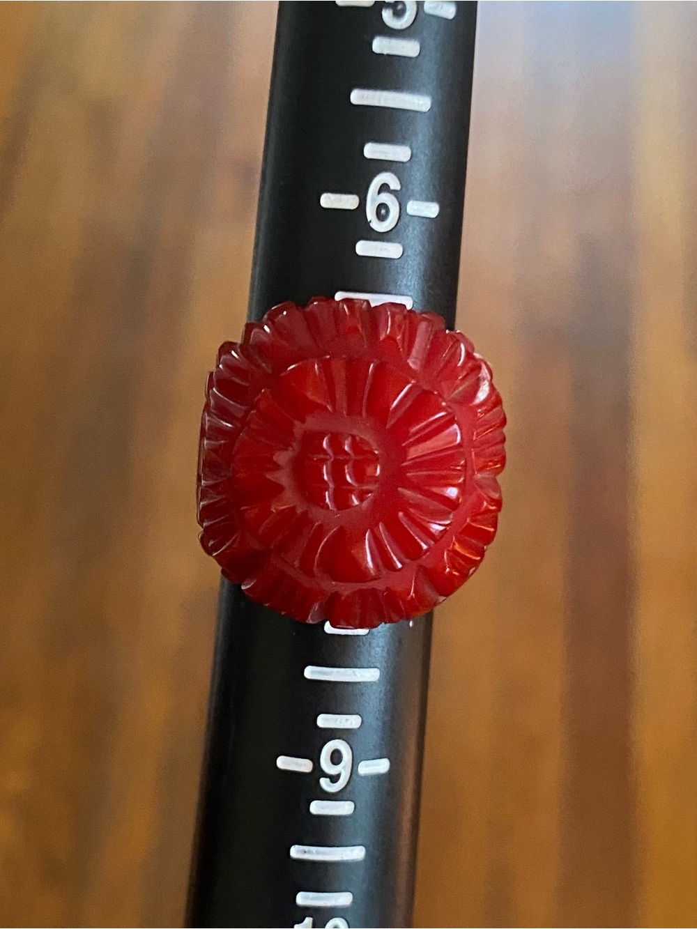 Vintage Red Intricately Carved Domed Bakelite Ring 7.25